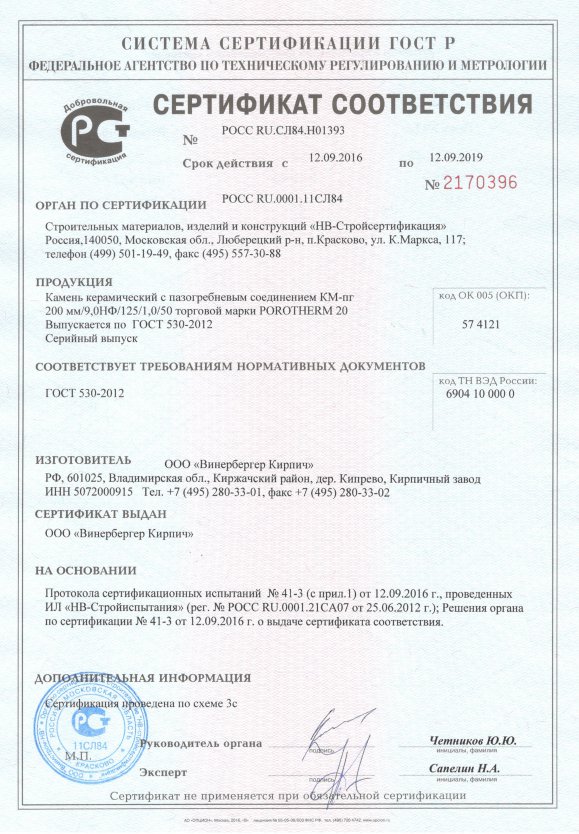 Сертификат соответствия на Porotherm 20