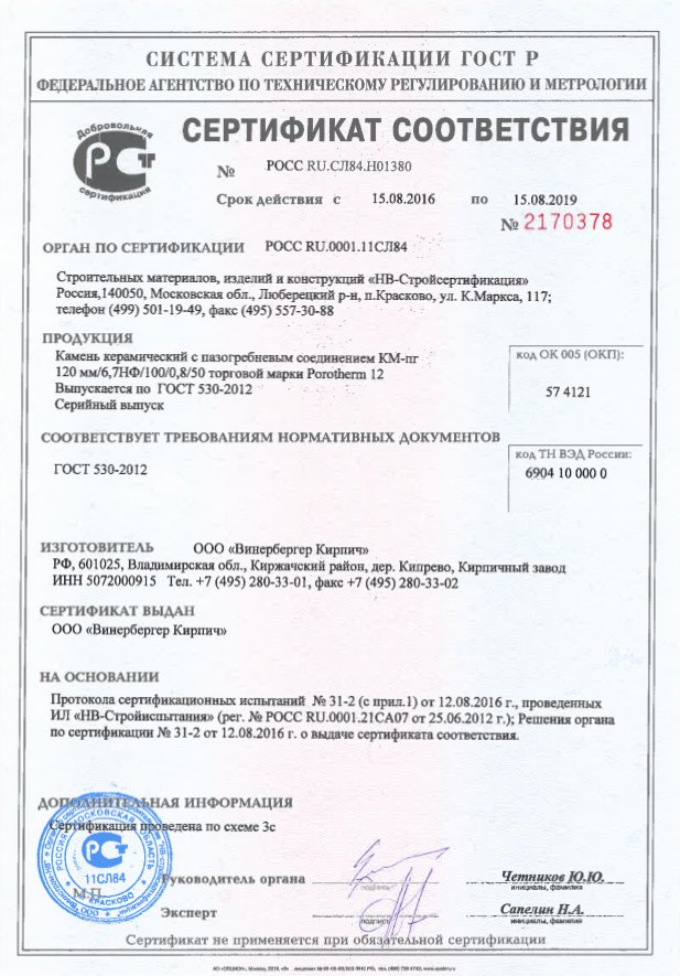 Сертификат соответствия на Porotherm 12